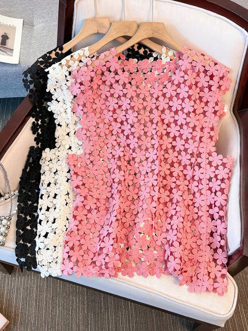 Pankh Goza Flower Hollow Cutout Pattern Lace Crochet Top