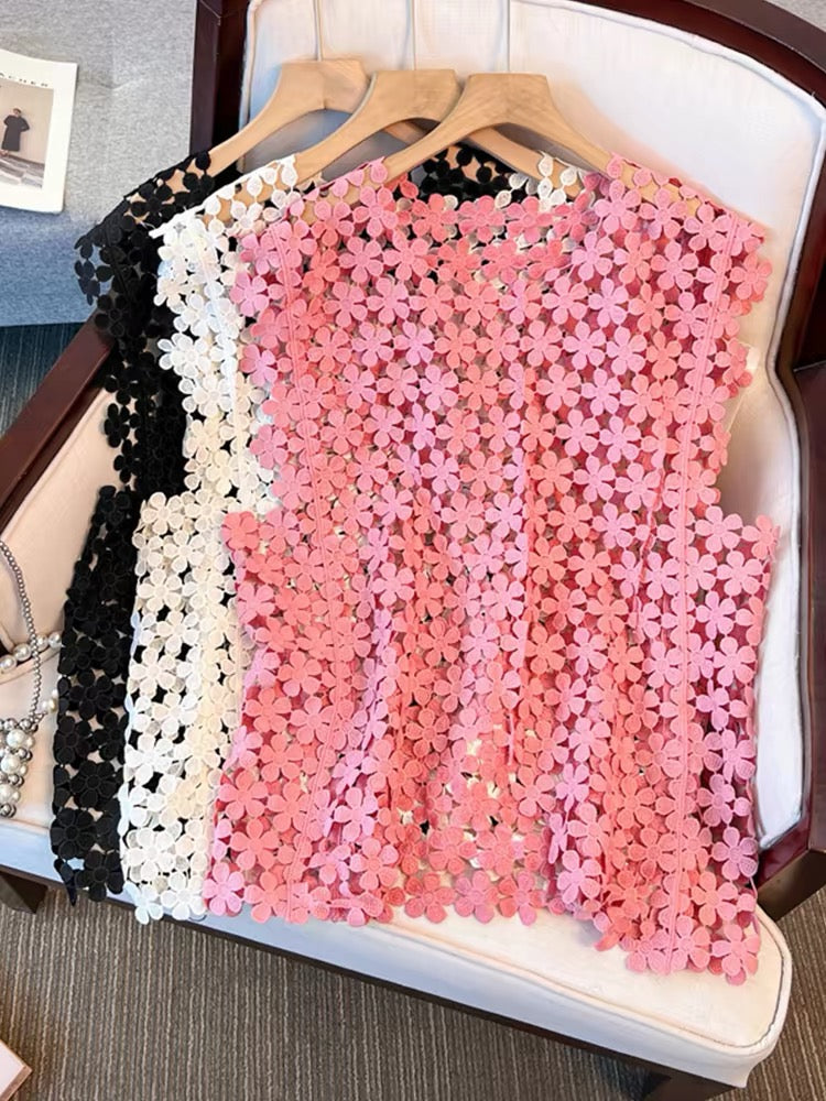 Pankh Goza Flower Hollow Cutout Pattern Lace Crochet Top