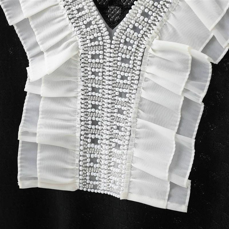 Pankh Kazuki Korean Pearl Lace Ruffles Blouse Knit Shirt With Organza Sleeve
