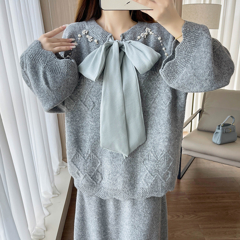 Pankh Tania Designer Pearl Embelished Bow Tie Woolen Top and Skirt Party Wear Set