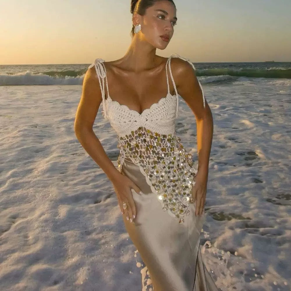 Pankh Qayee Shell & Sequin Embelished Crochet Top