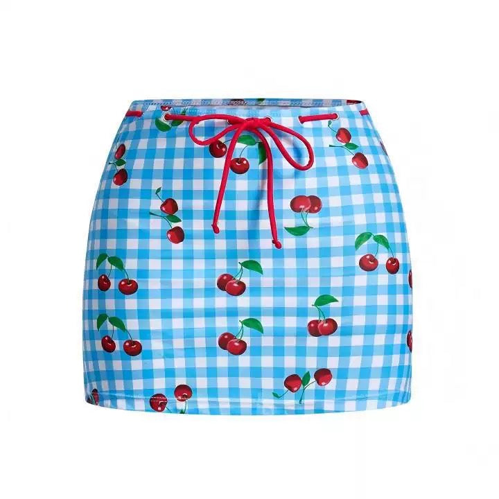 Pankh Cherry Gingham Plaid Swimsuit & Skirt Set