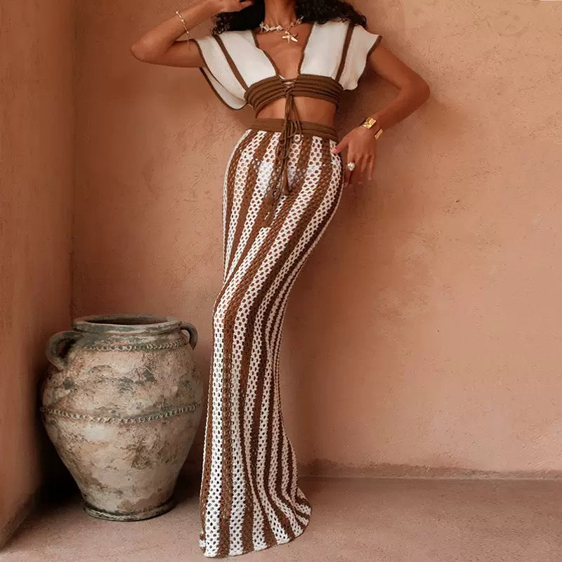 Pankh Callista Knitted Crochet Hollow Out Stripe Crop Top And Long Skirt