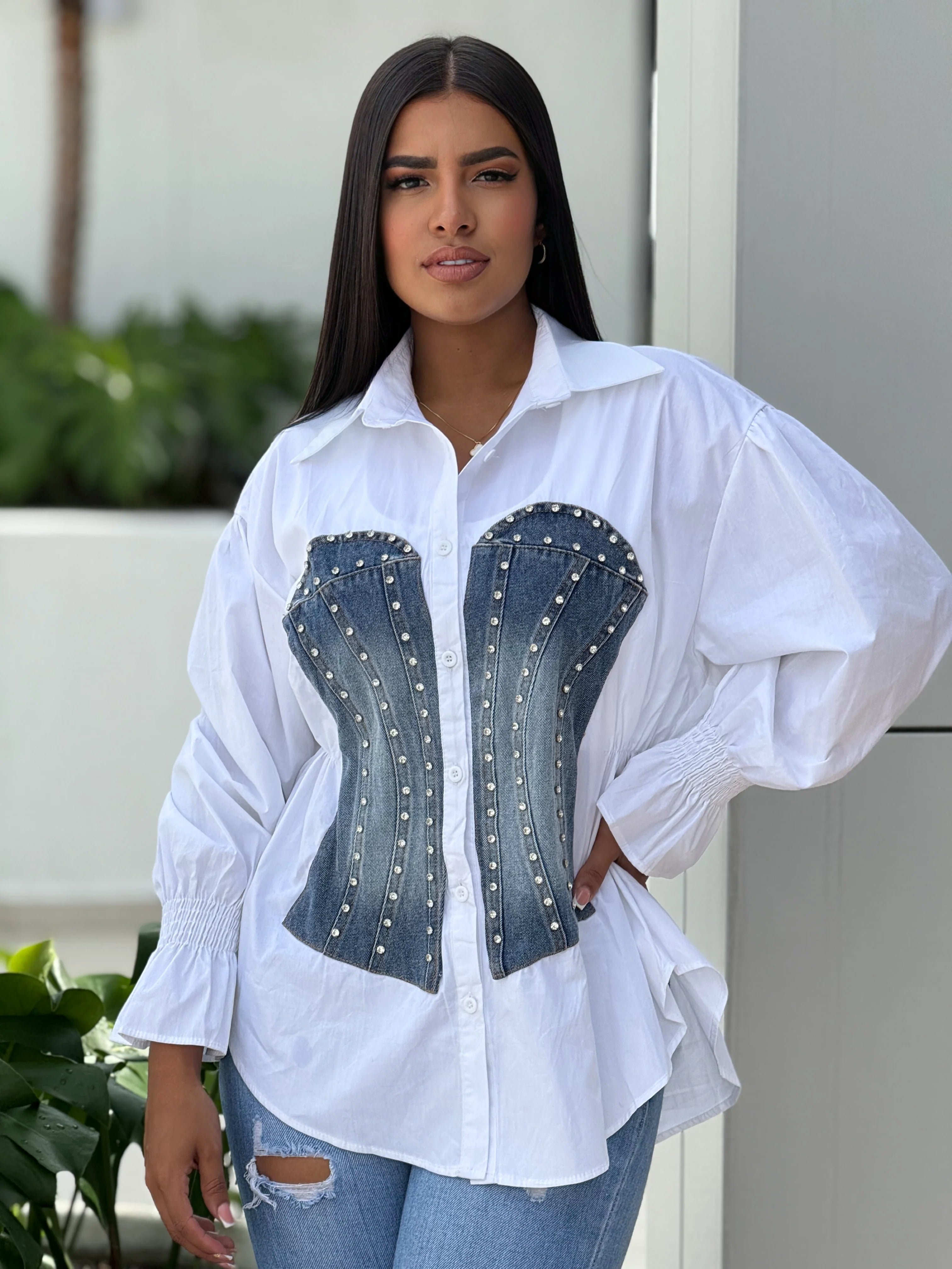Emzie Corset Denim & Cotton Stone Studded Shirt