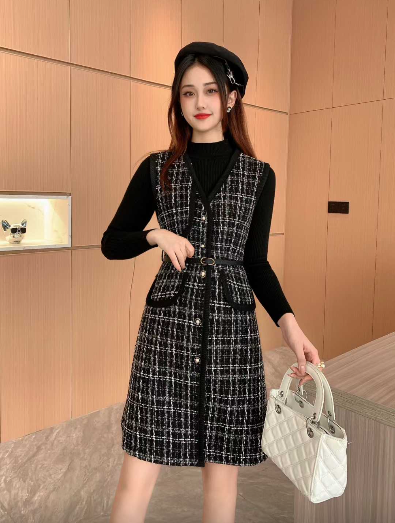 Pankh Xixi Tweed Formal Autumn Winter Dress with Black Knit Top