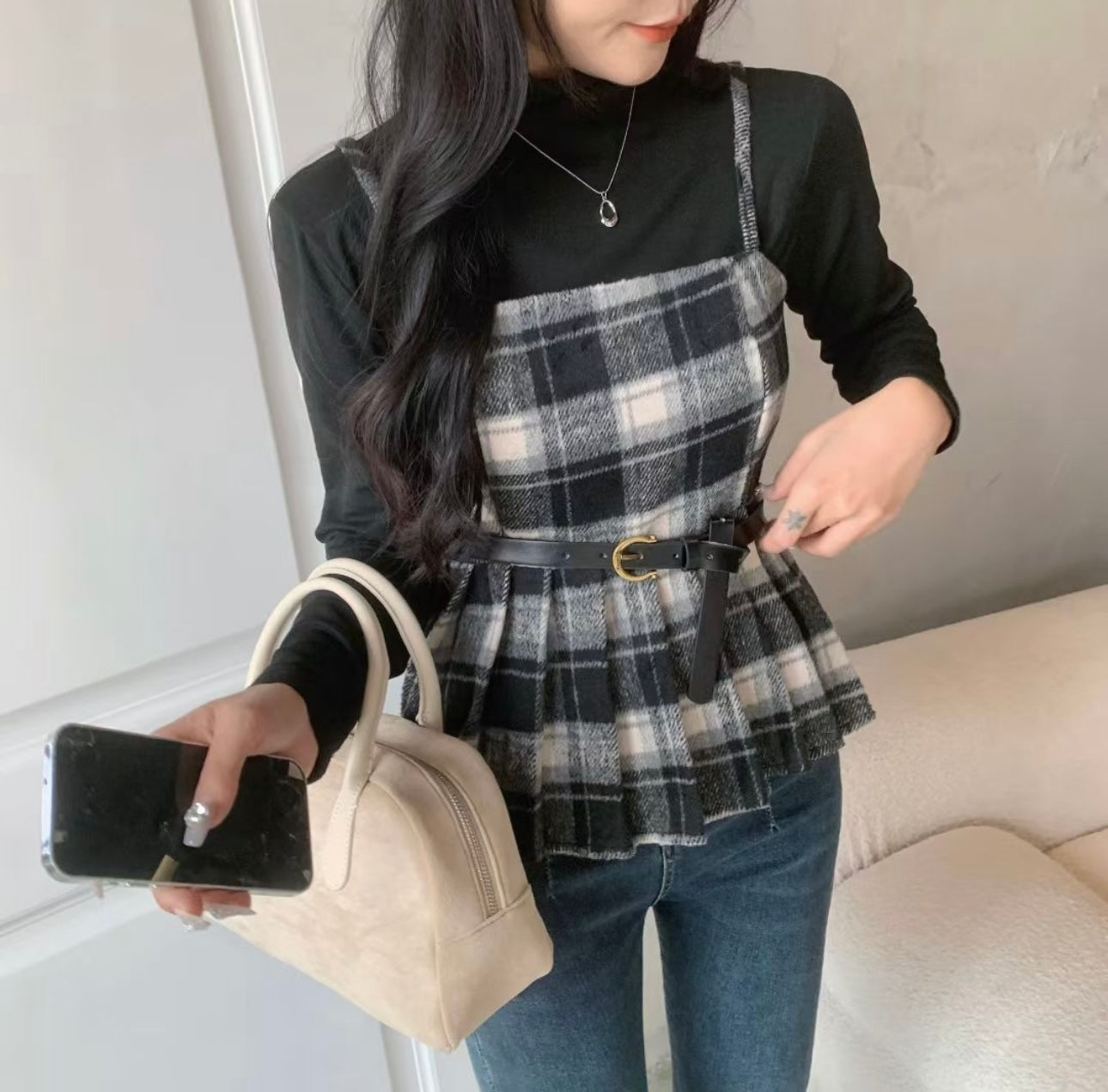 Pankh Meeko Check Plaid Woolen Jacket and Knit Top Set