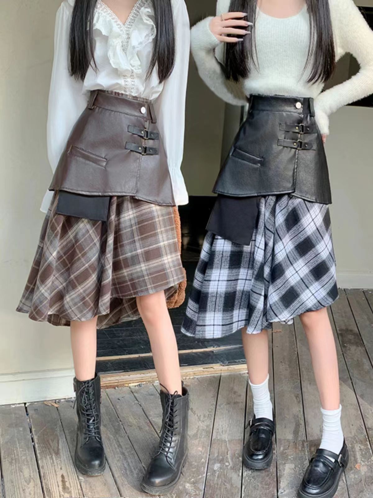 Pankh Reese Autumn Winter Woollen Plaid Mid length Two Piece Skirt