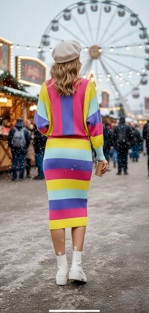 Pankh Raizy Colorful Striped Batwing Top and Skirt Set