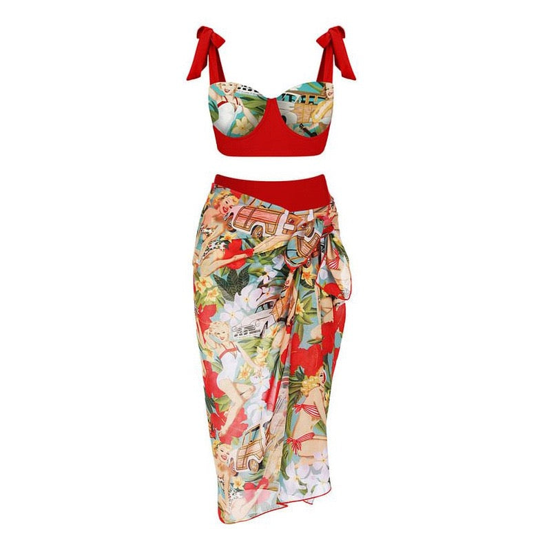 Pankh Madonna Printed Bikini Swimsuit with Tie up Coverup