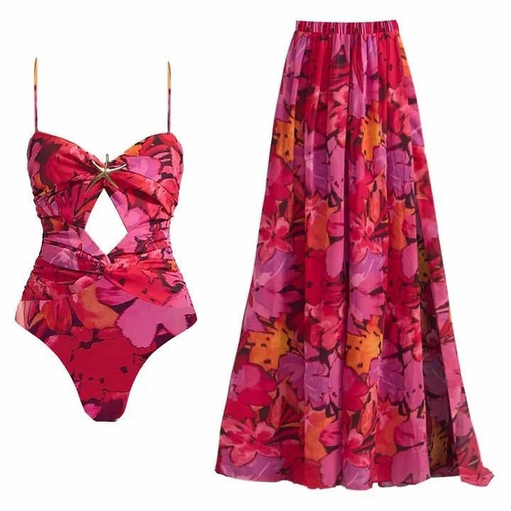 Pankh Cossie Floral Abstract Print Monokini With Skirt Set