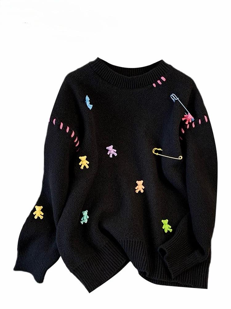 Pankh Hailee Trendy Vintage Bear Pullover Sweater Knitted Sweatershirt