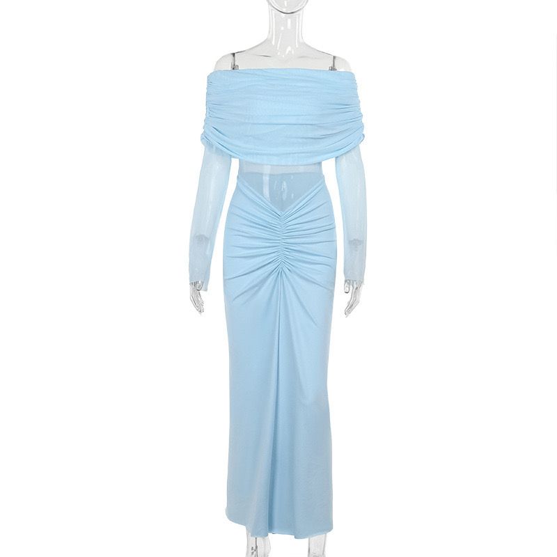 Pankh Alya Off Shoulder Sheer Glitter Front Shirring Long Maxi Dress