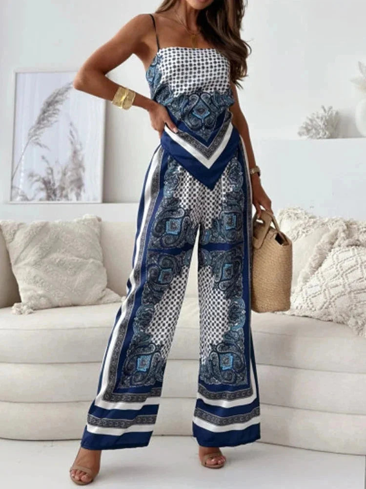 Pankh Shanley Vintage Floral Printed Backless Tie Back Crop Top And Pant Set