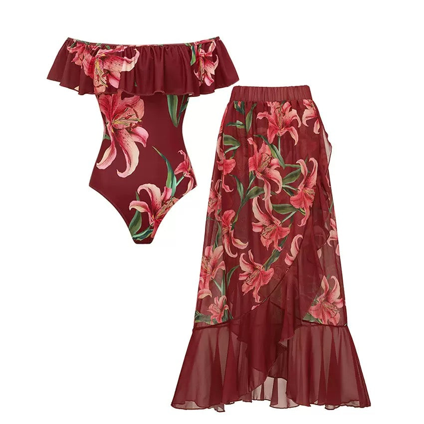 Liyasa Off Shoulder Monokini & Ruffle Skirt Wrap-around Set