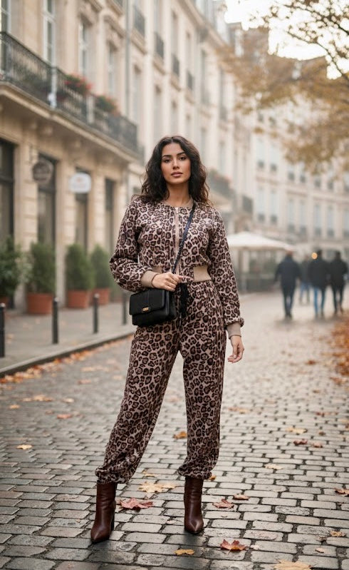 Pankh Leo Leopard Leather Look Cropped Jacket and Jogger Pants Set