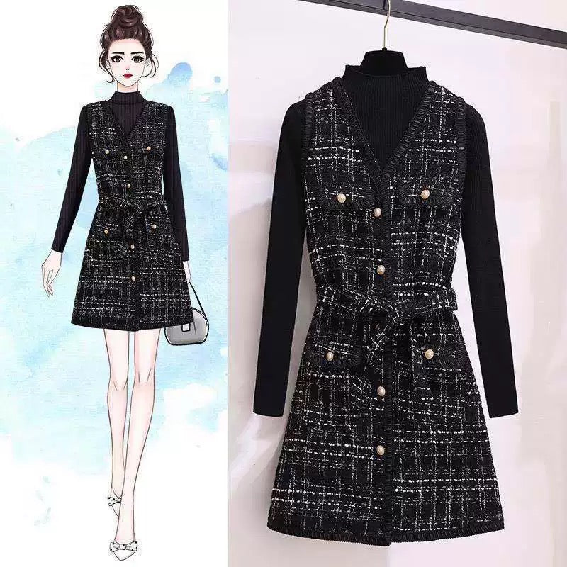 Pankh Xixi Tweed Formal Autumn Winter Dress with Black Knit Top