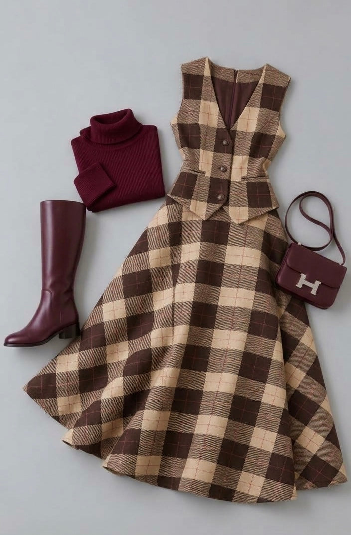 Pankh Cresent Plaid Check Waist Coat and Skirt Coord Set