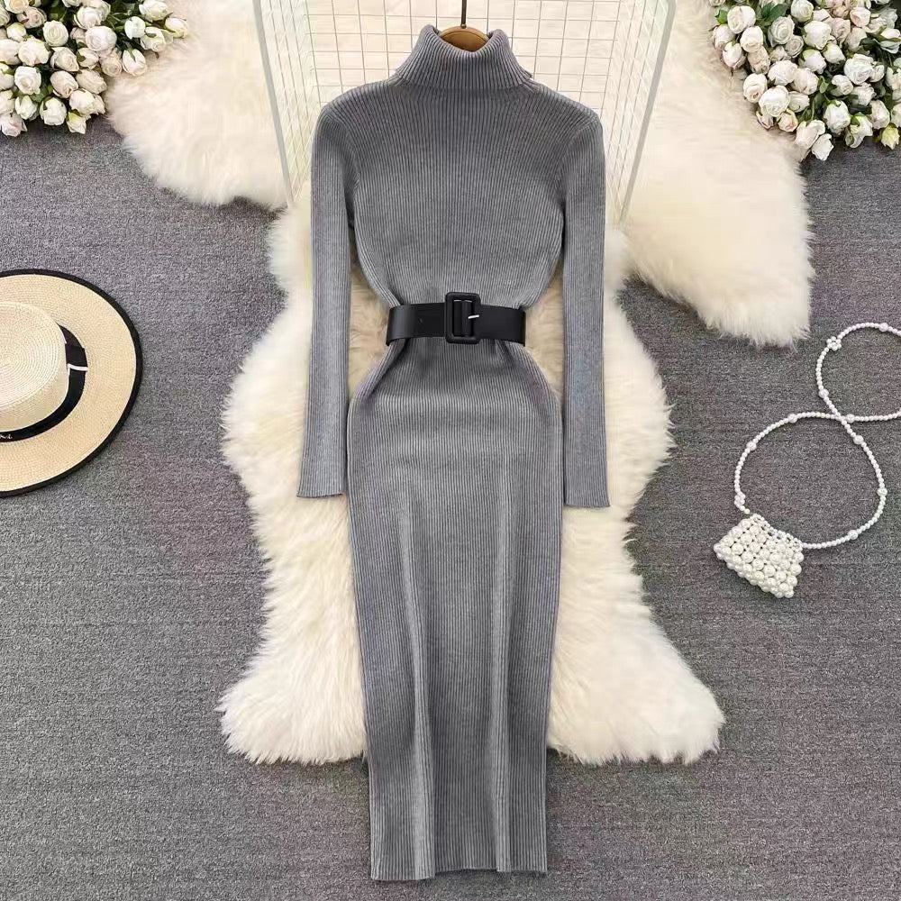 Pankh Huzo Elegant Evening Knit Warm Dress with Belt