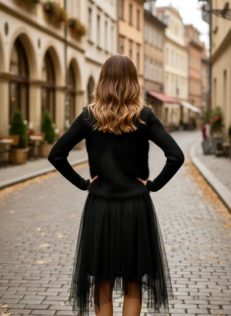 Pankh Salvy Woolen Ruffle Dress with Fur Waist Coat