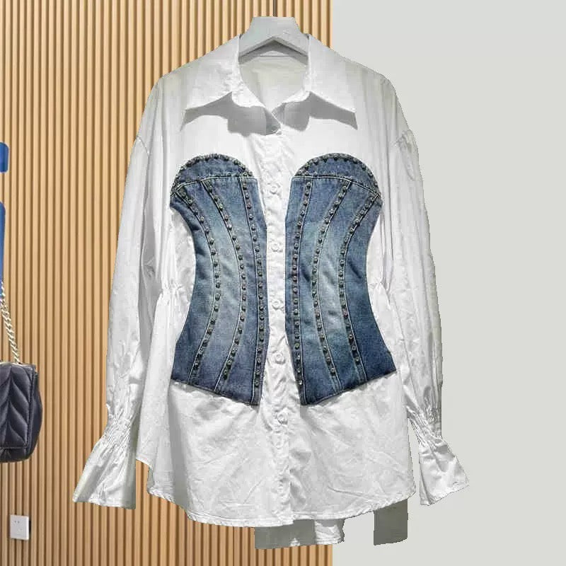 Emzie Corset Denim & Cotton Stone Studded Shirt