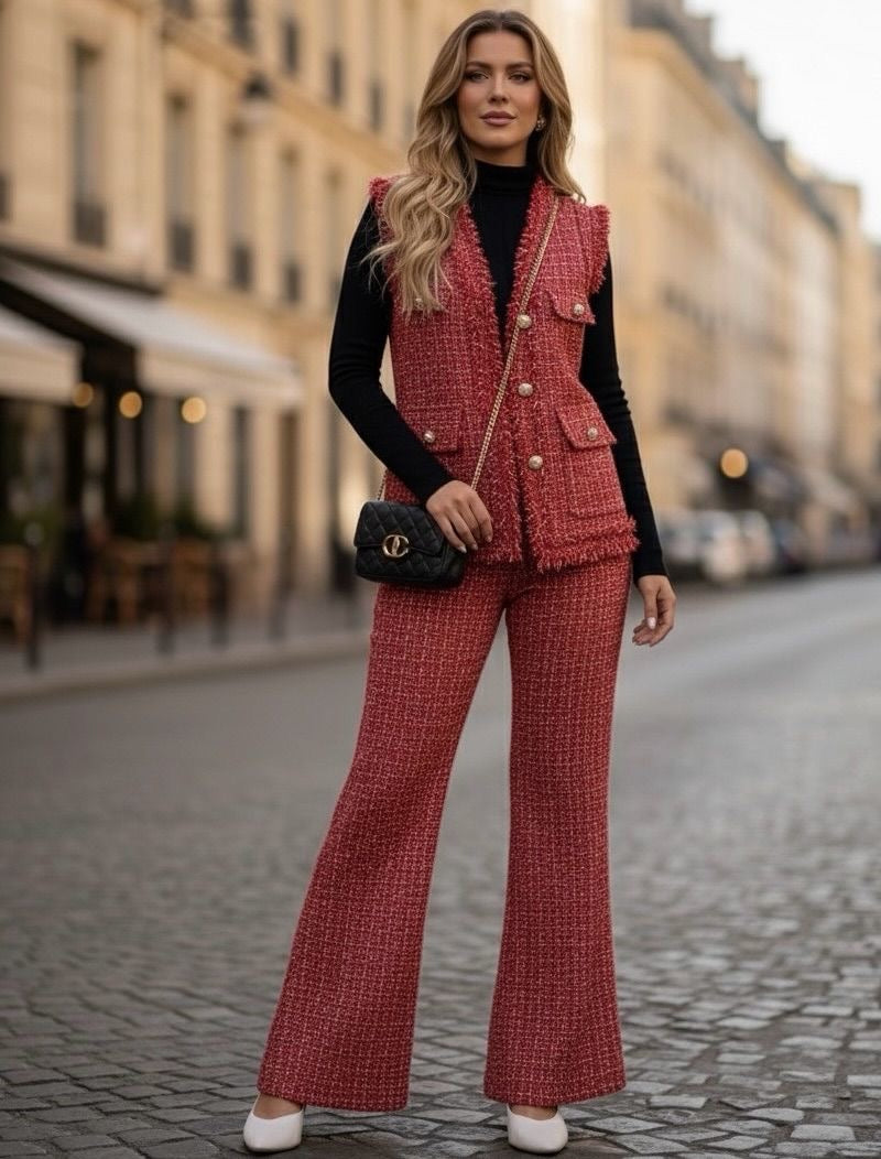 Pankh Fioxie Tweed Sleeveless Blazer and Bootcut Pant with Knit Top 3 Piece Set