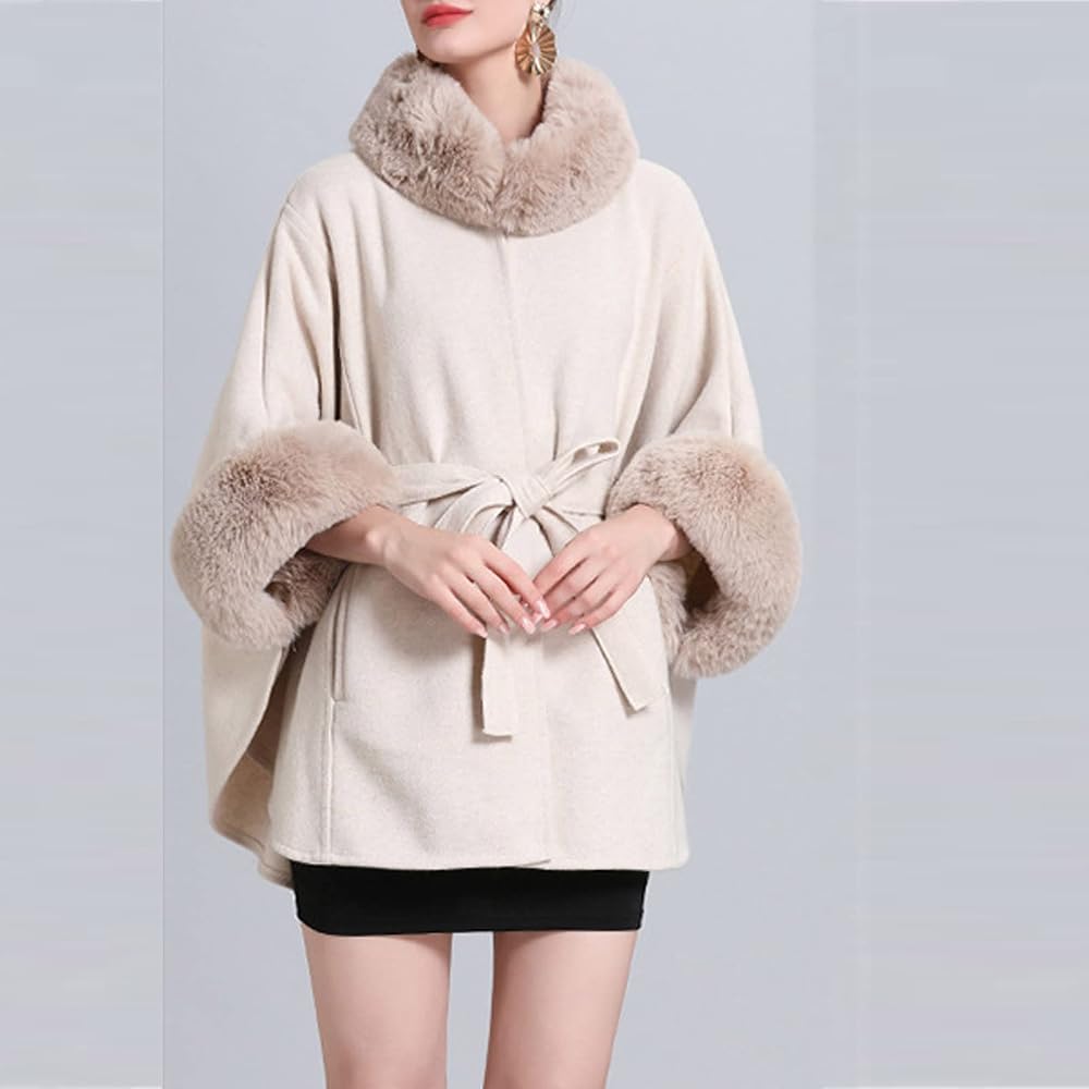 Pankh Lossy Woolen Cape Coat With Fur Collar & Sleeve