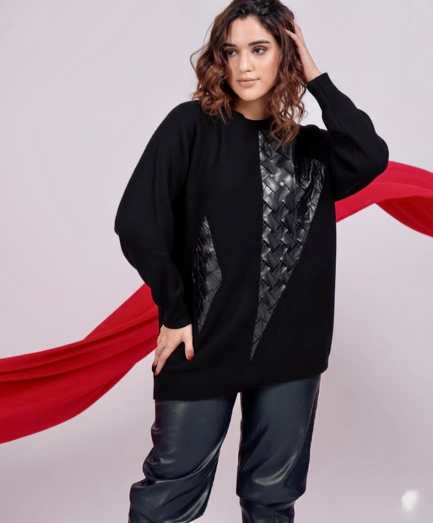 Pankh Charisma Designer Leather Patch Long Woolen Sweater