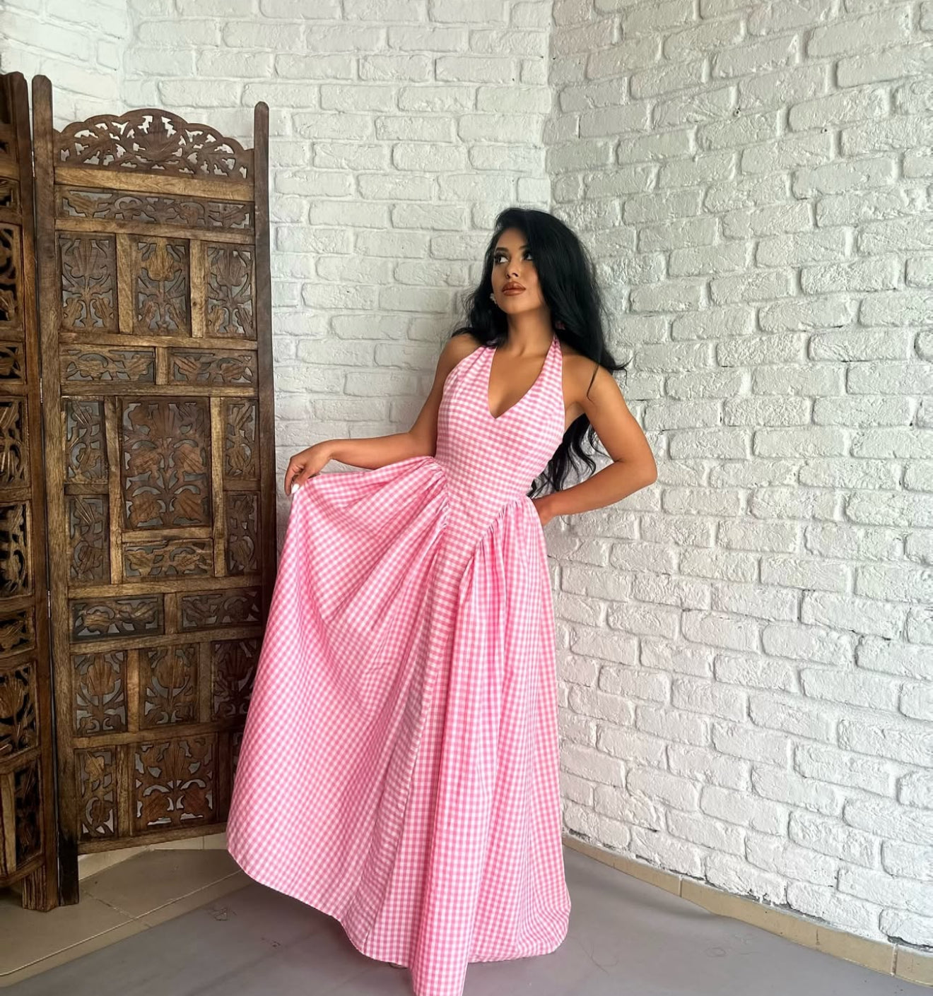 Pankh Luxe Anee Halter Neck Long Flaired Gingham Maxi Dress