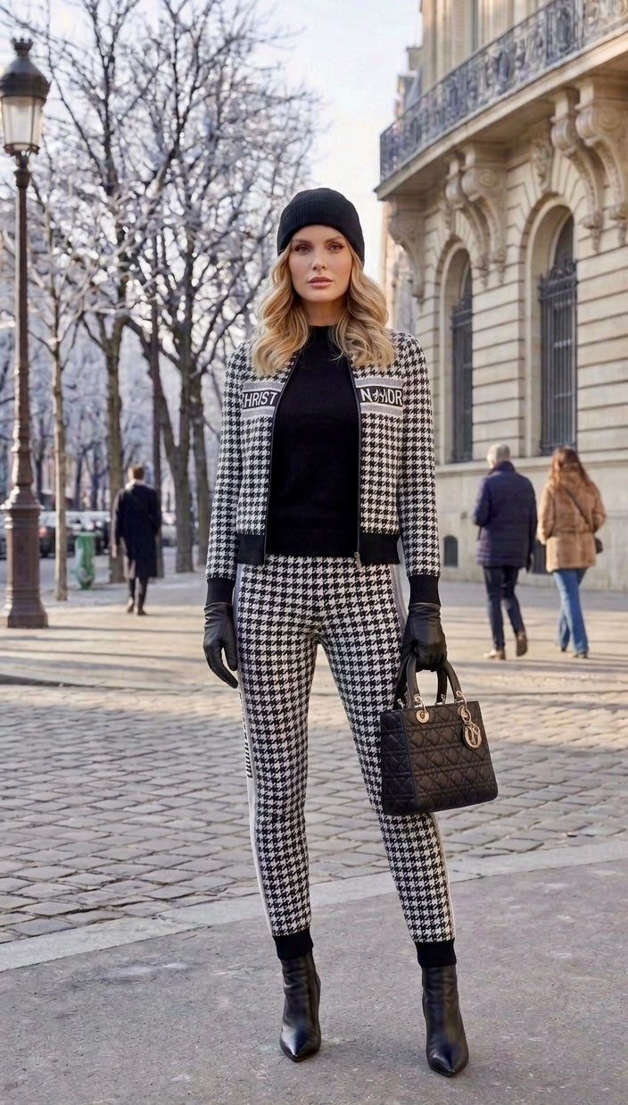 CD Houndstooth Knit Zipper Jacket and Pant Coord Set