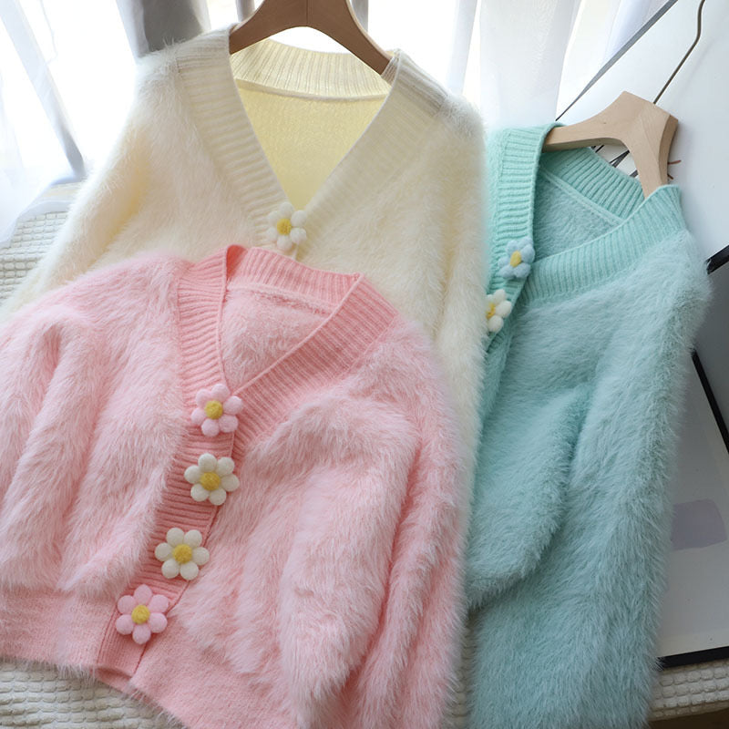 Pankh Sunflower Soft Fur Sweater Cardigan with Detachable Flowers