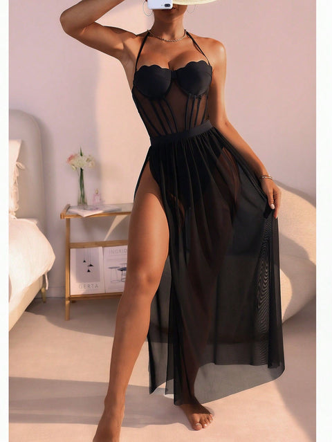 Pankh Okada Corset Style Monokini & Sheer Skirt Resort Wear Swimwear Set
