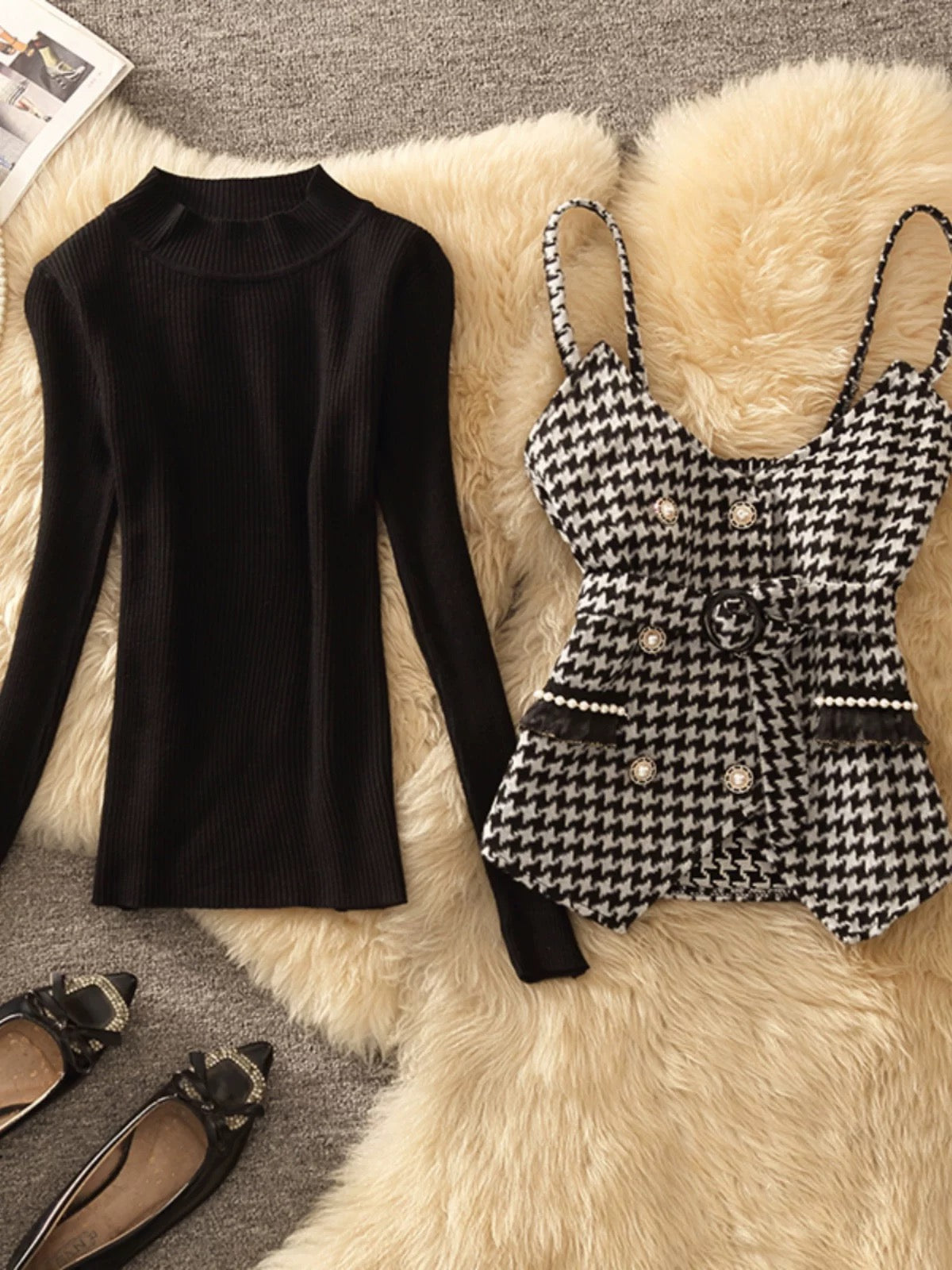 Pankh Ebkro Houndstooth Tweed Jacket and Knit Top Set