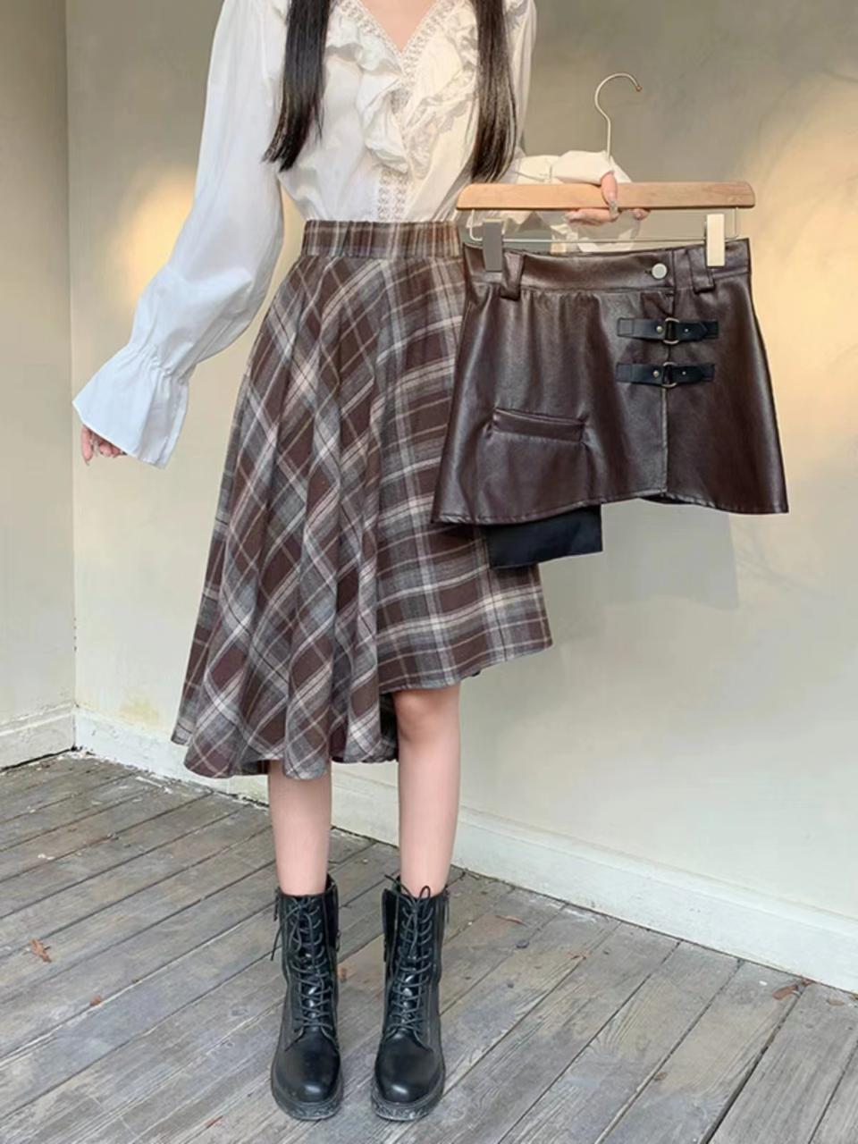 Pankh Reese Autumn Winter Woollen Plaid Mid length Two Piece Skirt