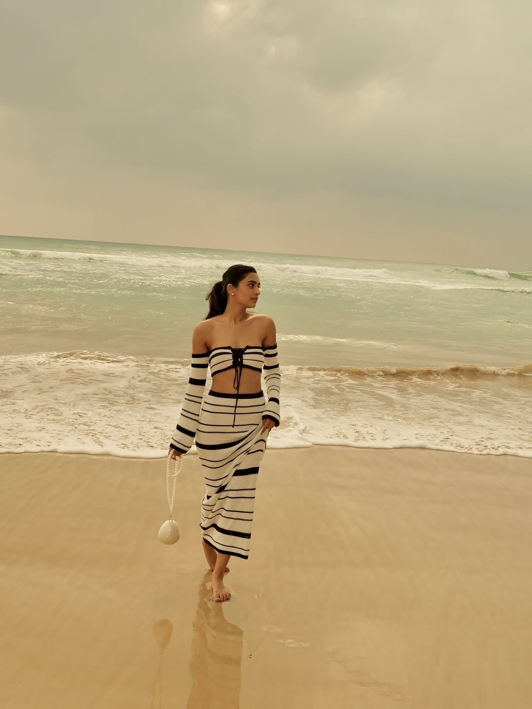 Pankh Ezra Mid Rise Contrast Off Shoulder Crochet Top And Skirt Set