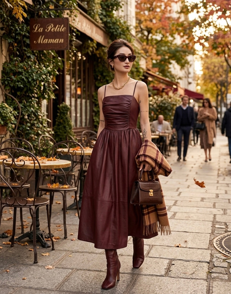 Pankh Xia Square Neck Pu Leather Long Maxi Dress