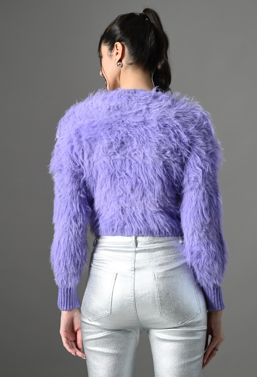 Pankh Cici Embellished Flower and Fur Luxe Fur Cropped Sweater Top