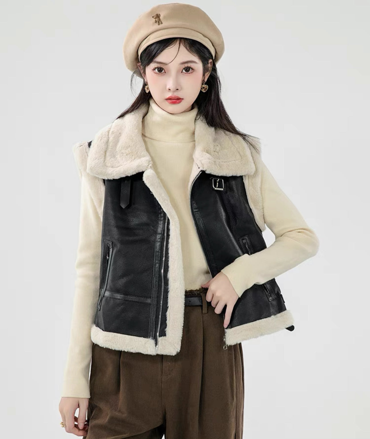 Pankh Kren Leather And Teddy Fur Sleeveless Jacket