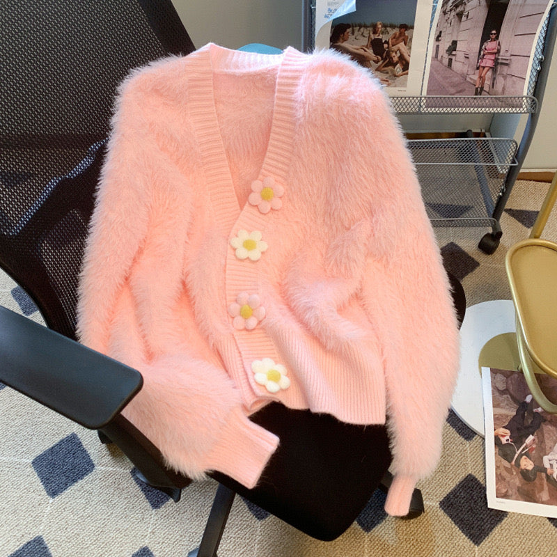 Pankh Sunflower Soft Fur Sweater Cardigan with Detachable Flowers