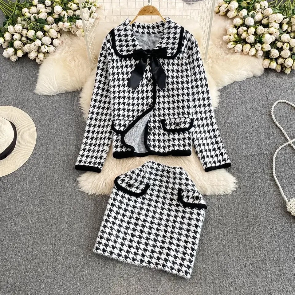 Pankh Alice Houndstooth Soft Wool Blazer and Skirt Set (Bow not included)