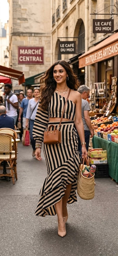 Pankh Messuir Striped Assymetrical Ruffle Maxi Dress