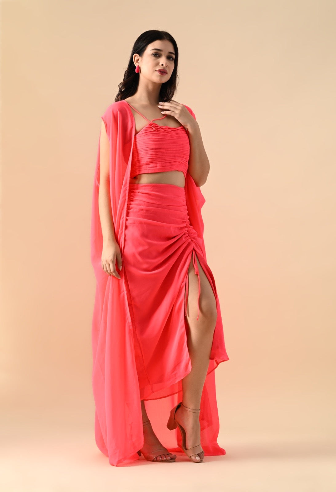 Pankh Zoya High Fashion Crop Top Drape Skirt and Cape 3 Piece Coord Set