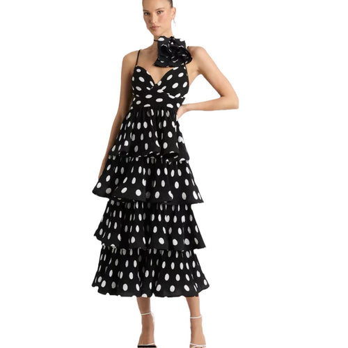 Pankh Orrie Polka Dot Ruffle Maxi Dress with Flower Neck Piece