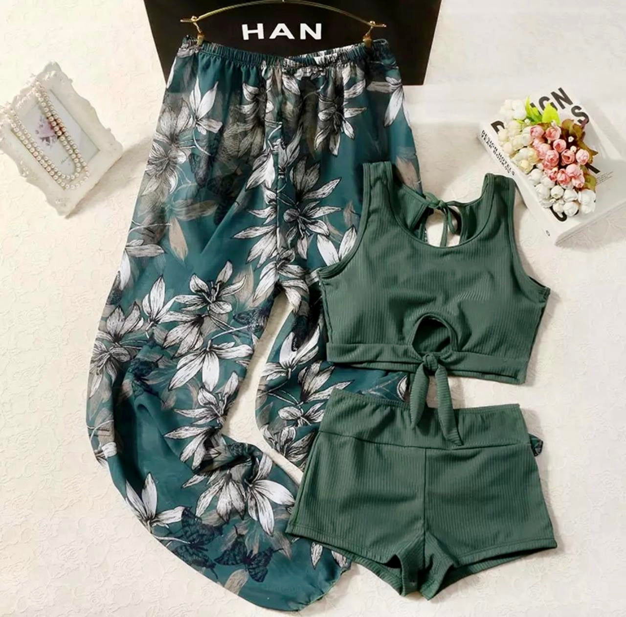 Pankh Alves Modest Swimsuit Bikini Set with coverup pants