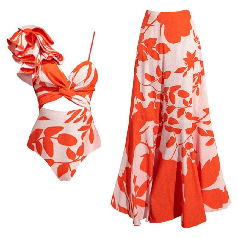 Pankh Jole Ruffle Monokini Swimsuit And Skirt Set