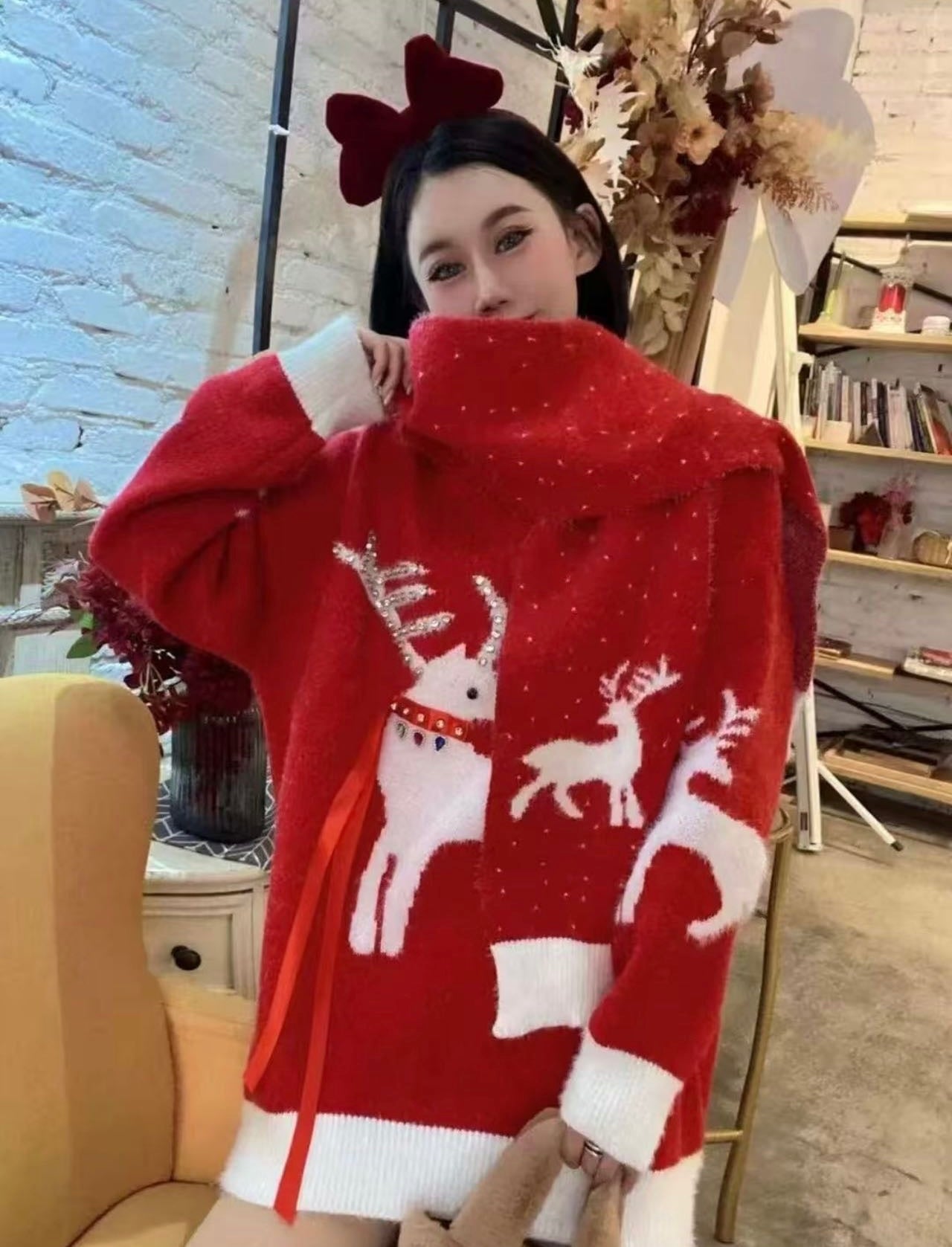 Pankh Elbow Reindeer Christmas Holiday Sweater (scarf not included)