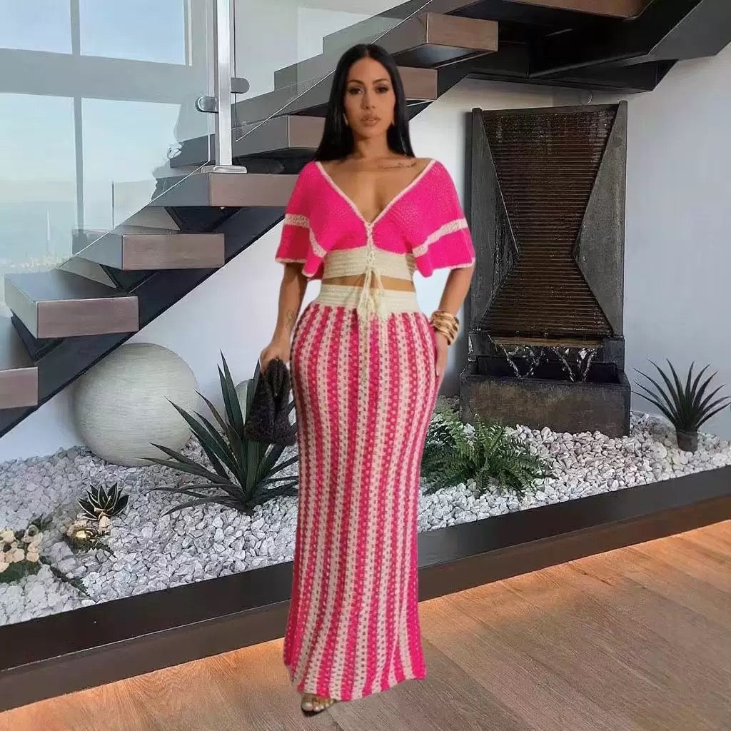 Pankh Callista Knitted Crochet Hollow Out Stripe Crop Top And Long Skirt