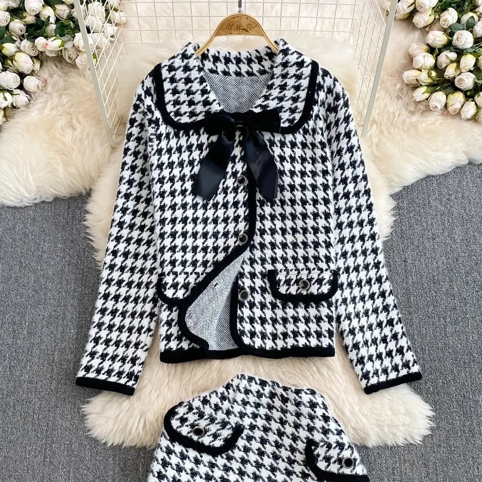 Pankh Alice Houndstooth Soft Wool Blazer and Skirt Set (Bow not included)