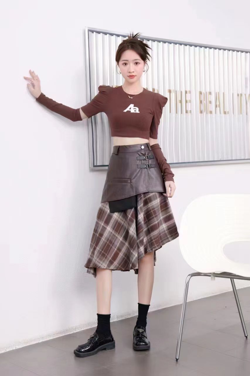 Pankh Reese Autumn Winter Woollen Plaid Mid length Two Piece Skirt