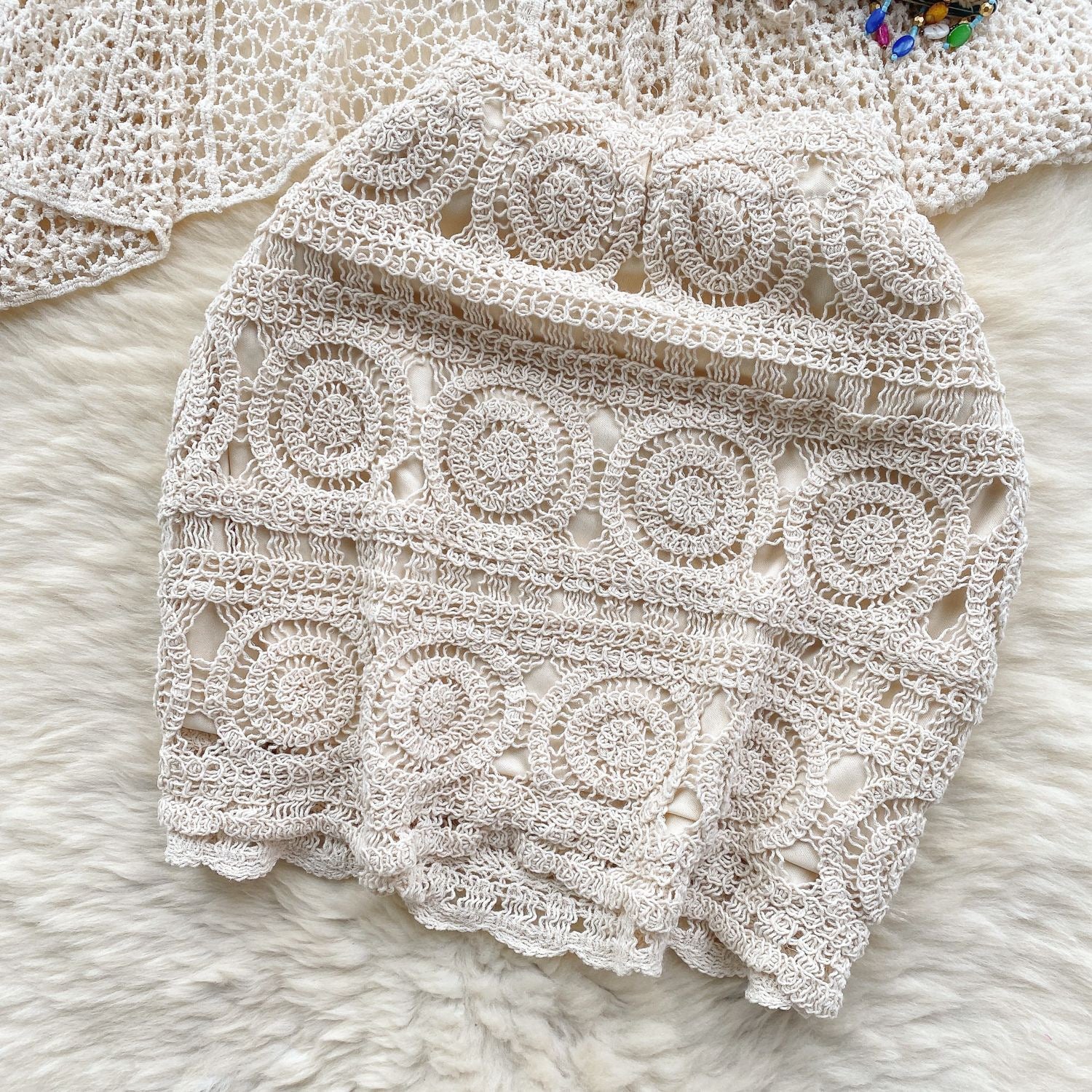 Pankh Rumy Boho Crochet Crop Top , Skirt & Coveruop Set