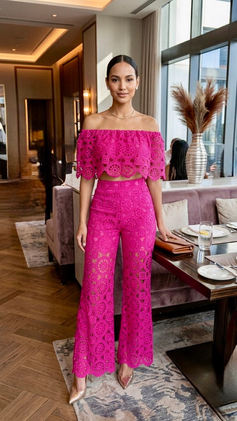 Pankh Mitio Crochet Off Shoulder Top and Pants Coord Set